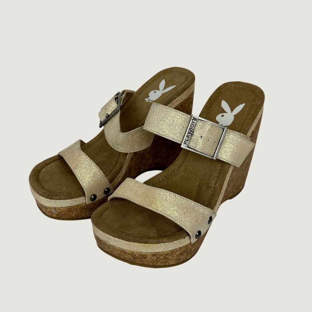 Playboy Patty Gold Glitter Cork Wedge Platform Sandals Womens 6.5 M Y2K 5325